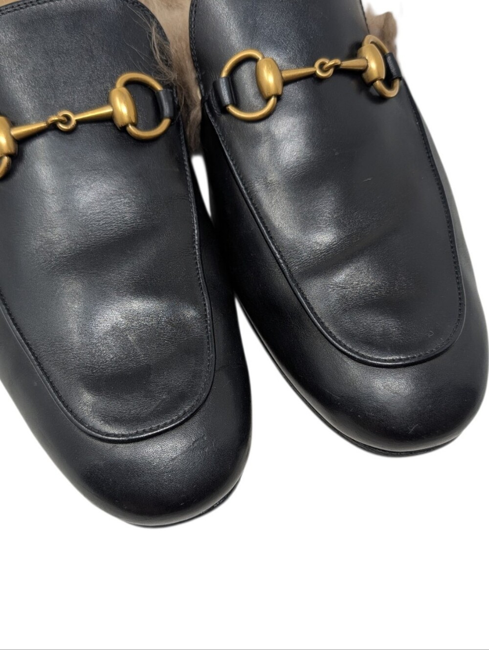 Gucci Men's Black Leather Horsebit Fur Princetown Mule Loafers Size 7 - Picture 7 of 13